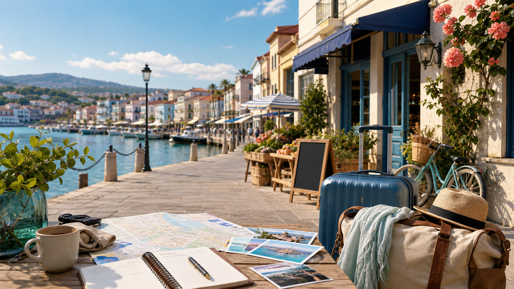 Fictional coastal harbor travel scene with luggage, itinerary notes, and market storefronts